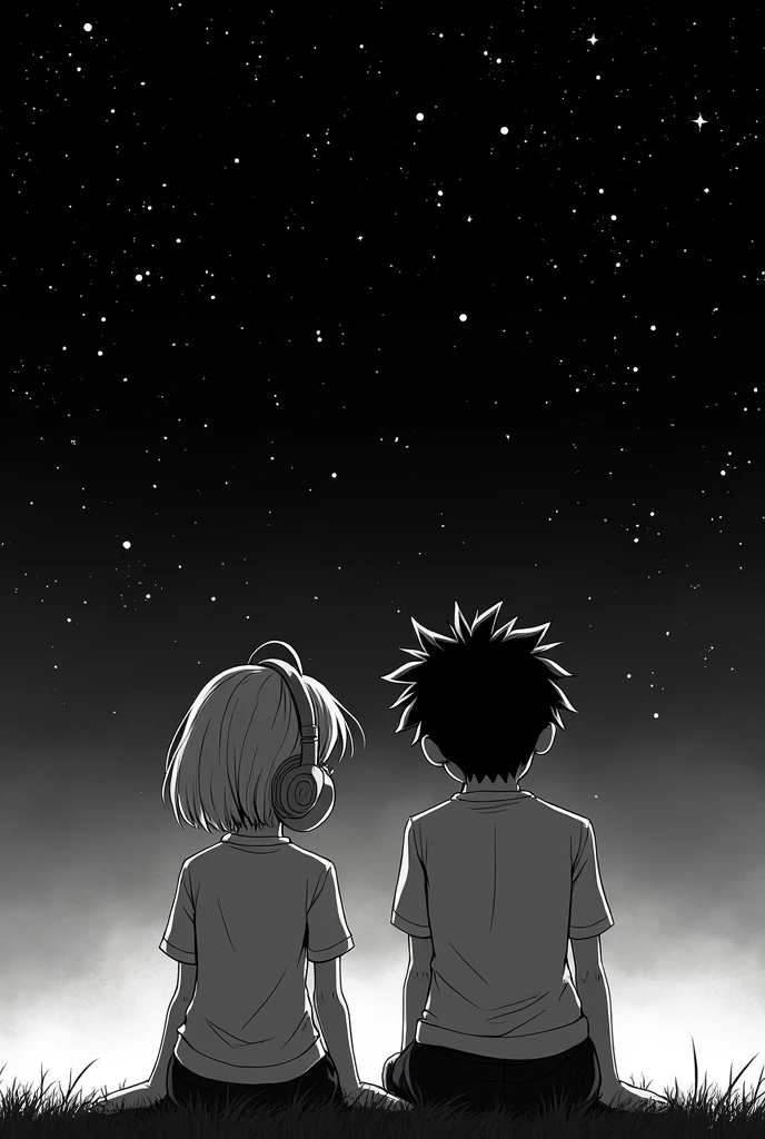 make a black and white manga art, about two friends, a girl and a boy. both are 1, and they are listening to music together, while looking at the stars. with black background