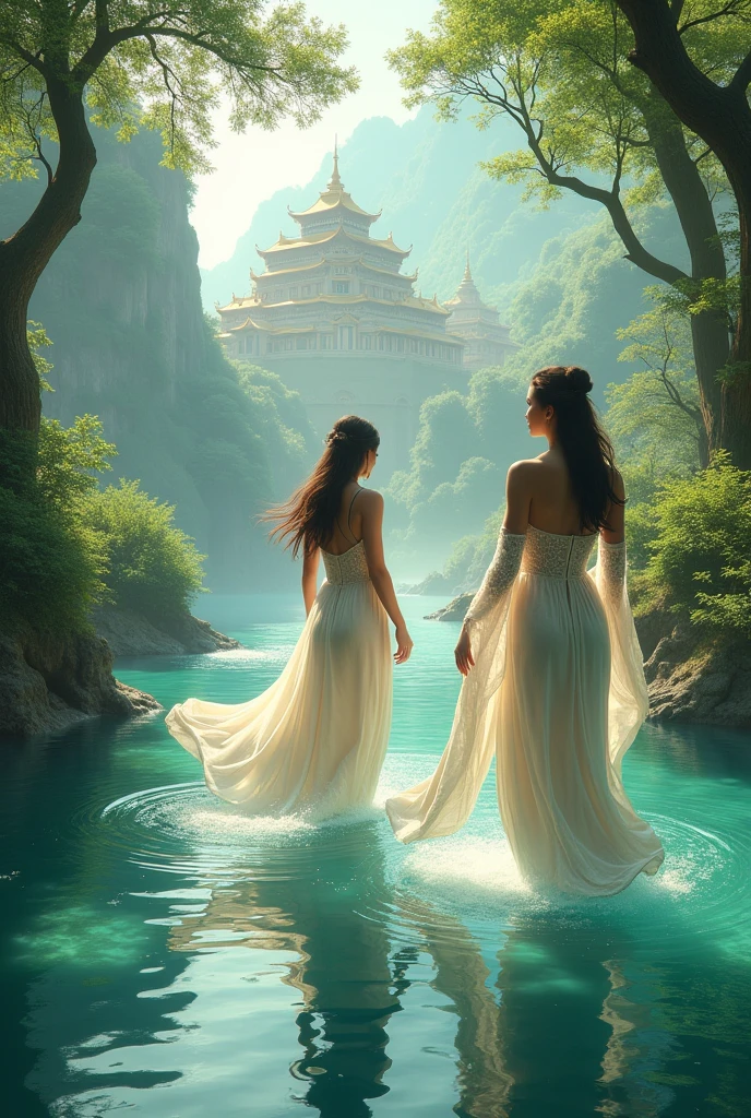 Ancient China, Tang Dynasty, a naked woman stands on a rock in a waterfall while a young man stands by the shore in a white Hanfu Chinese dress, drawing her.