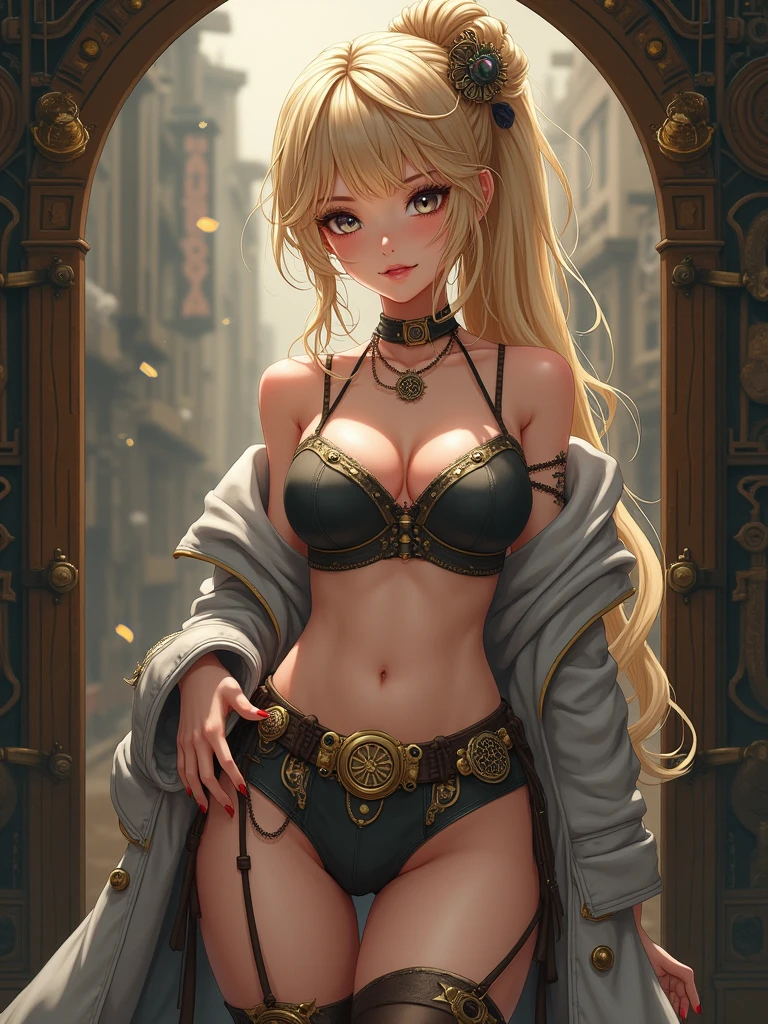 “An exquisite 8K digital art masterpiece featuring an enchanting anime woman with extremely long, wavy blonde hair tied in a messy bun. The character is dressed in intricately detailed steampunk attire, showcasing toned abs and wearing tight shorts and stockings. Her lifelike facial features, captivatingly detailed eyes, and realistic body proportions make her a compelling centerpiece. The steampunk theme is seamlessly integrated into her clothing and surroundings, featuring gears, metal, and Victorian-era elements. The background is subtly blurred, drawing the viewer's attention to the character's captivating details."