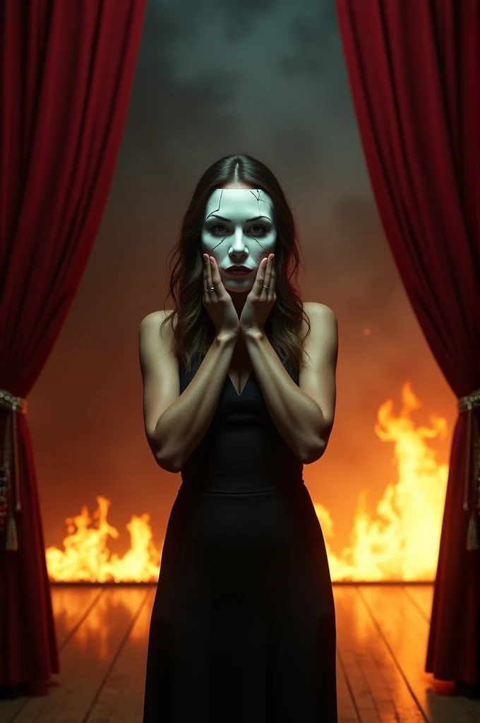 create an image of a woman holding a white mask cracked in the middle, with a theater stage background with a red curtain, with the stage on fire