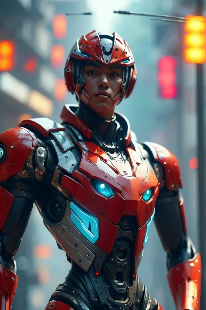 a highly detailed and intricate mecha robot, futuristic cyberpunk style, glowing neon lights, cinematic composition, 8k, hyperrealistic, intricate mechanical details, advanced technology, complex machinery, gleaming metallic surfaces, dynamic pose, dramatic lighting, vibrant color palette, moody atmosphere, cinematic framing, photorealistic, intricate gears and components, advanced futuristic technology, masterpiece