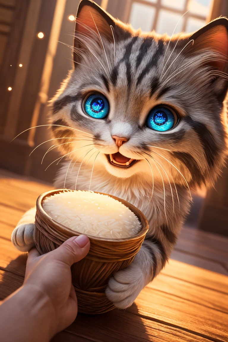 (Highest quality、masterpiece、8k))、Anatomically correct、Very detailed、High resolution、Cinematic lighting、Realistic、((Beautiful, sparkling, detailed eyes))、Intricate details、((Dynamic composition))、Cute kitten、Big head、cat and beautiful girl、Holding hands、Warm Sunshine、Uncontrollable joy、Is this heaven?、Lots of rice