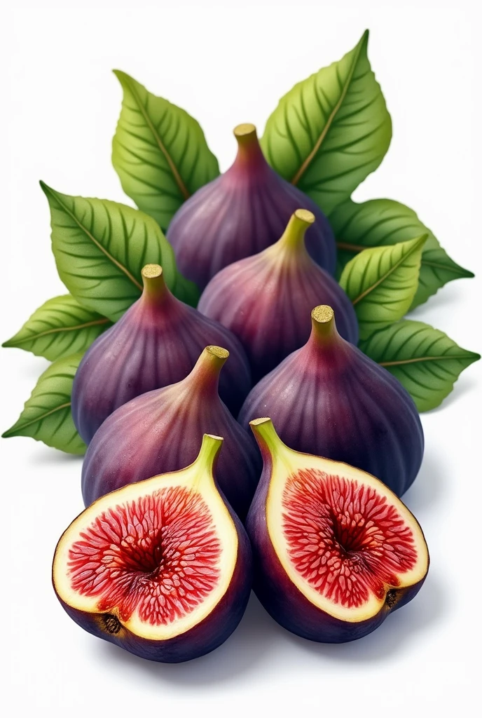 drawing of a row of fresh figs with leaves, some open figs, all in a row horizontally perspective from front view and can be used as png format