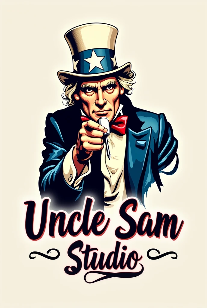 Create a logo called “Uncle Sam Studio” The idea is to portray Uncle Sam as if he were a professional tattoo artist holding a tattoo needle and below the image the name of the company. Remember I want a logo for a professional tattoo studio, be more detailed about Uncle Sam