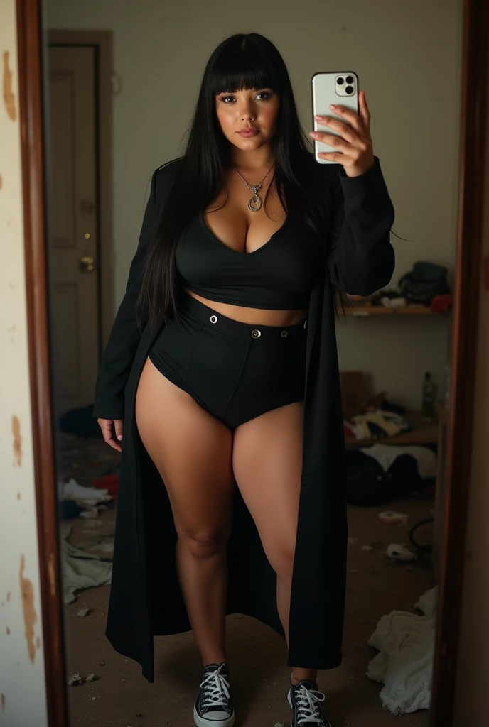 Who was an image of a curvy but thin girl?, but with big breasts who is taking a photo in a mirror with her iPhone 10, The girl should have straight bangs above the eyebrows and very straight, dark hair down to the waist..., You should also have Russian volume eyelash extensions.., From behind you can see his poor and messy room..., She should be dressed in shorts and a black coat., Low-cut T-shirt., and some converse sneakers. The girl must have a confident and seductive attitude.. The image must be very realistic and the aesthetics must be similar to that of the turras...