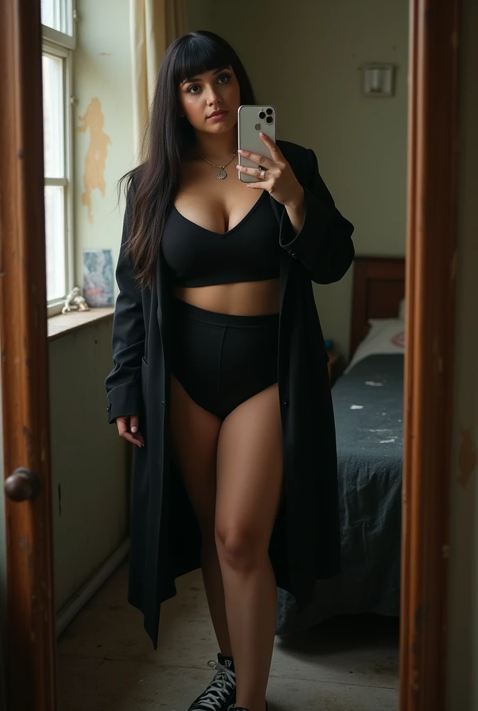 Who was an image of a curvy but thin girl?, but with big breasts who is taking a photo in a mirror with her iPhone 10, The girl should have straight bangs above the eyebrows and very straight, dark hair down to the waist..., You should also have Russian volume eyelash extensions.., From behind you can see his poor and messy room..., She should be dressed in shorts and a black coat., Low-cut T-shirt., and some converse sneakers. The girl must have a confident and seductive attitude.. The image must be very realistic and the aesthetics must be similar to that of the turras...