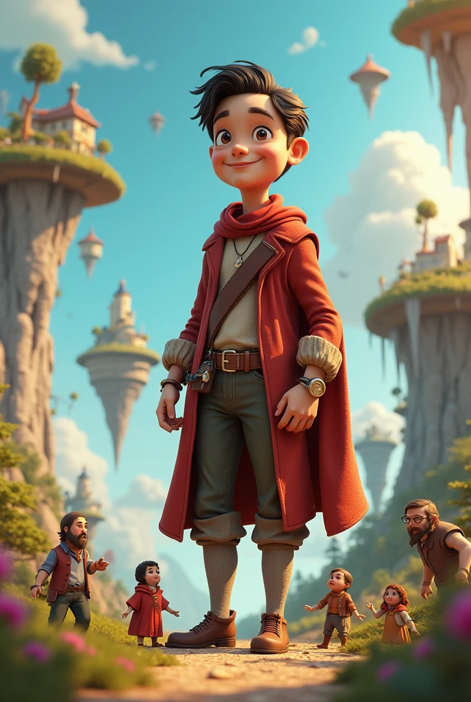 24-year-old Gulliver in a magical land
Big Gulliver is in the picture
Straight to the camera with a smile and excitement
Little people are around him
In the background, you can see lands floating in the air
3D style