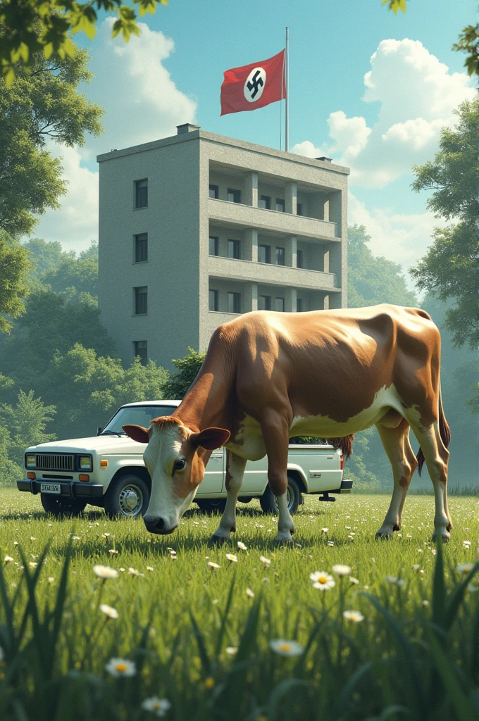 Thai cow grazing while a farmer unloads grass from a white Datsun pickup truck, with a four-story building and the Nazi flag in the background.