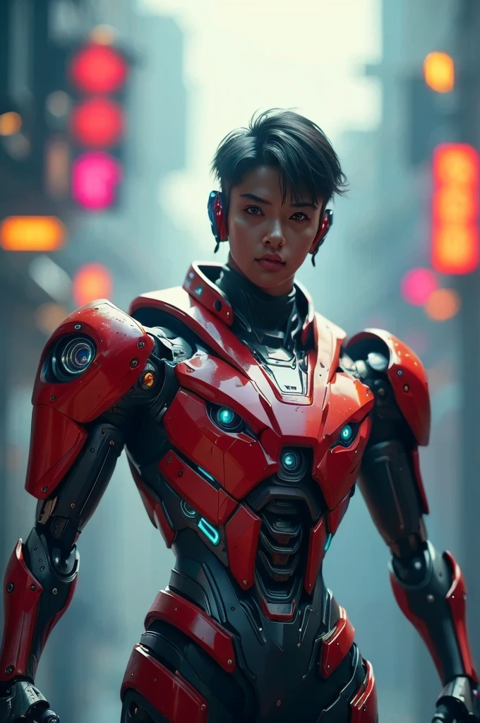 a highly detailed and intricate mecha robot, futuristic cyberpunk style, glowing neon lights, cinematic composition, 8k, hyperrealistic, intricate mechanical details, advanced technology, complex machinery, gleaming metallic surfaces, dynamic pose, dramatic lighting, vibrant color palette, moody atmosphere, cinematic framing, photorealistic, intricate gears and components, advanced futuristic technology, masterpiece