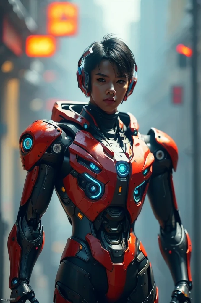 a highly detailed and intricate mecha robot, futuristic cyberpunk style, glowing neon lights, cinematic composition, 8k, hyperrealistic, intricate mechanical details, advanced technology, complex machinery, gleaming metallic surfaces, dynamic pose, dramatic lighting, vibrant color palette, moody atmosphere, cinematic framing, photorealistic, intricate gears and components, advanced futuristic technology, masterpiece