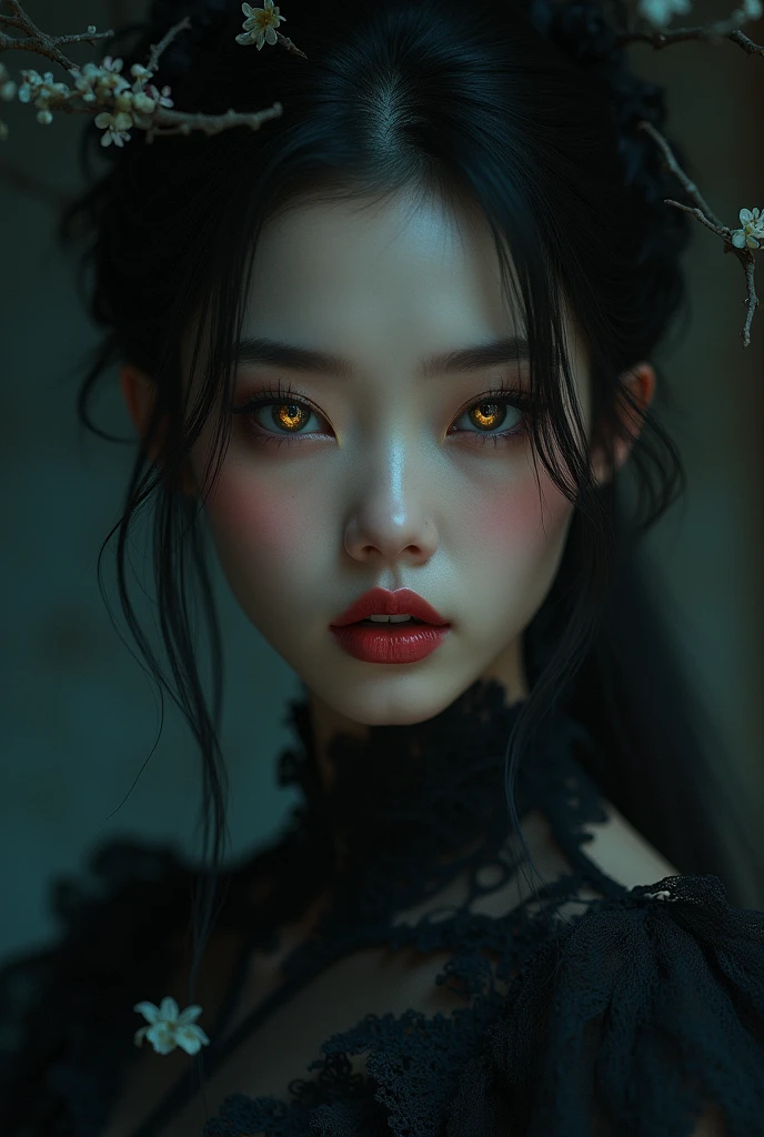 beautiful detailed eyes, beautiful detailed lips, extremely detailed eyes and face, long eyelashes, 1girl, demon girl, chinese beauty, dark fantasy, horror, dark art, dark magic, occult, goth, black dress, detailed facial features, dramatic lighting, cinematic, moody, chiaroscuro, deep shadows, glowing eyes, intricate details, masterpiece, photorealistic, 8k, hyper detailed, cinematic lighting, dramatic atmosphere, gothic, surreal, dark and moody