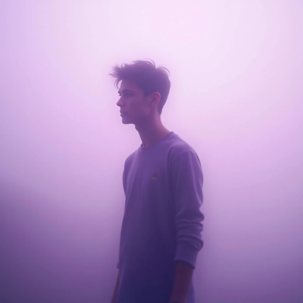 silhouette of a young man looks very blurry in a 93% It has a filter the image looks light purple soft