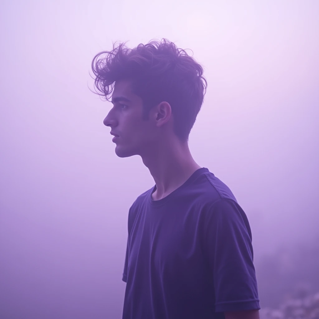 silhouette of a young man looks very blurry in a 93% It has a filter the image looks light purple soft