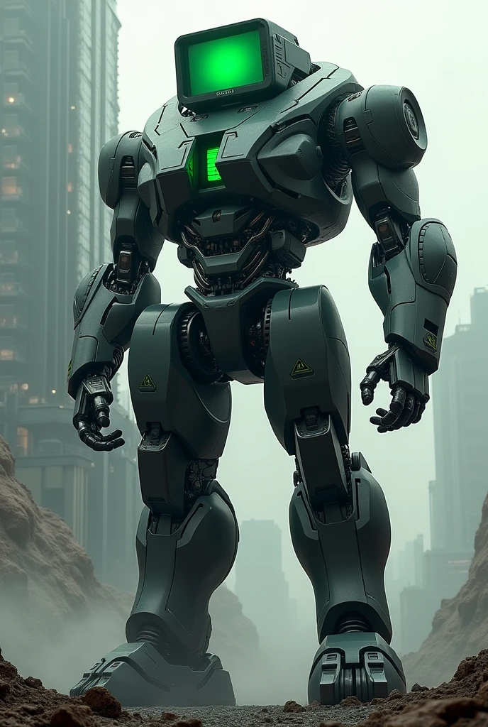 A titan robot, with a computer replacing his head, with a green core on his chest. Has a Black suit with a white jacket