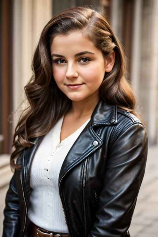 Medium view, of young aged, 16 year old, mom, gilf, milf, face portrait, jewish features, chubby, long hair, brown hair, 1940s hair style, 1940s clothing, leather jacket, in berlin 1936,