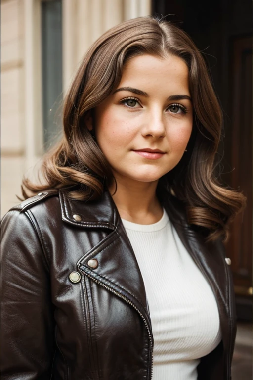 Medium view, of young aged, 16 year old, mom, gilf, milf, face portrait, jewish features, chubby, long hair, brown hair, 1940s hair style, 1940s clothing, leather jacket, in berlin 1936,
