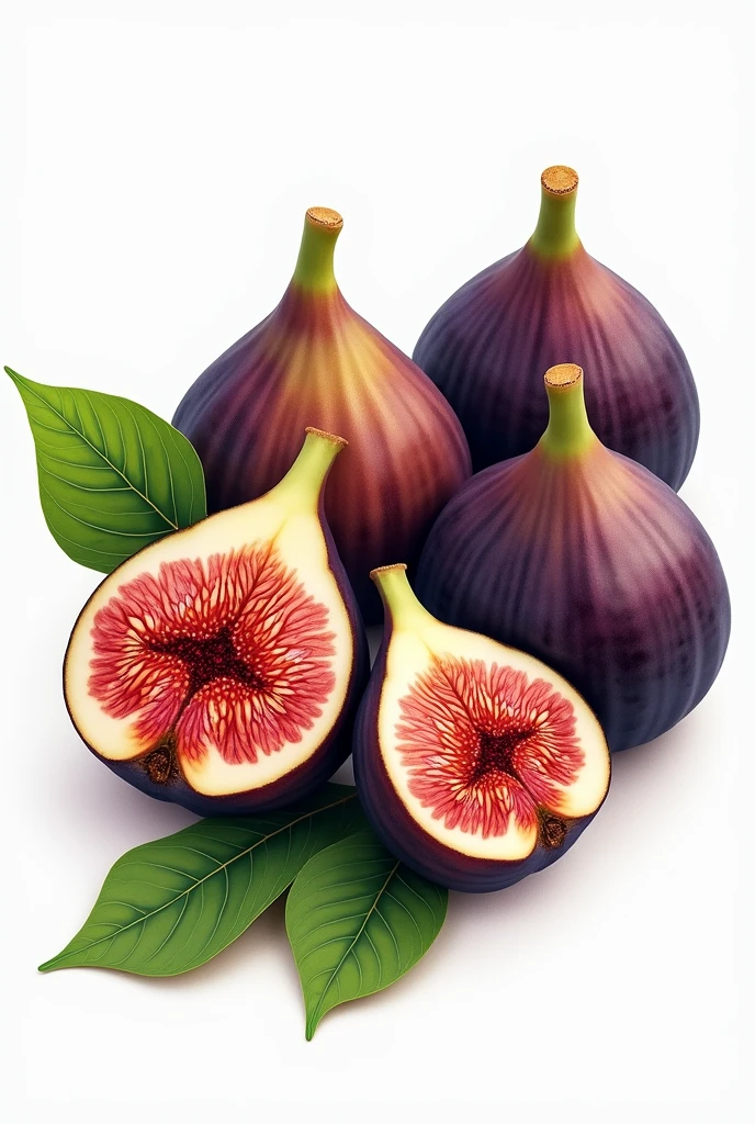 drawing of fresh figs with leaves, some open figs, one next to the other horizontally from a front view perspective and that can be used as a png format