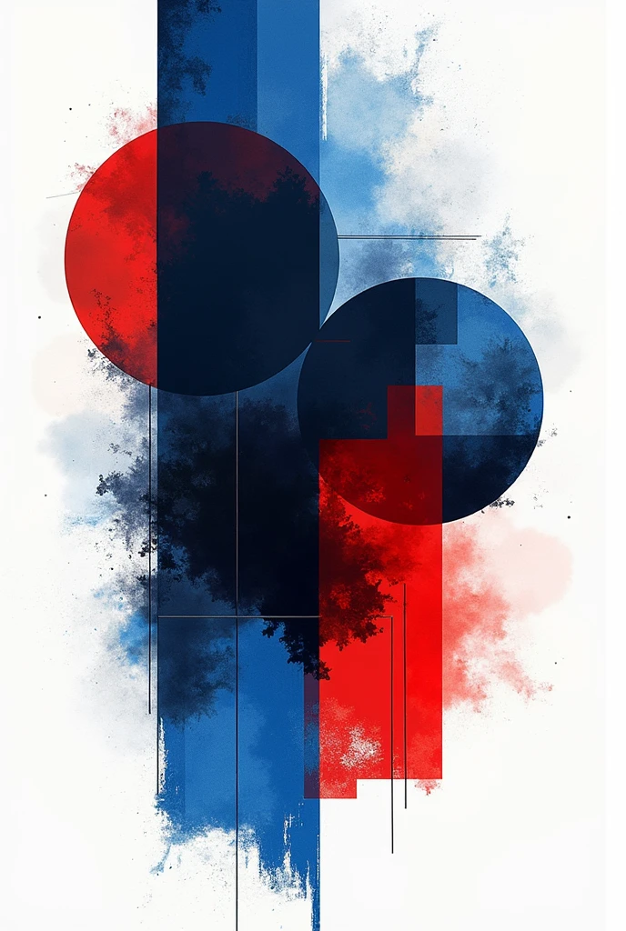 Create a square abstract art design that features predominantly blue, red, black and white