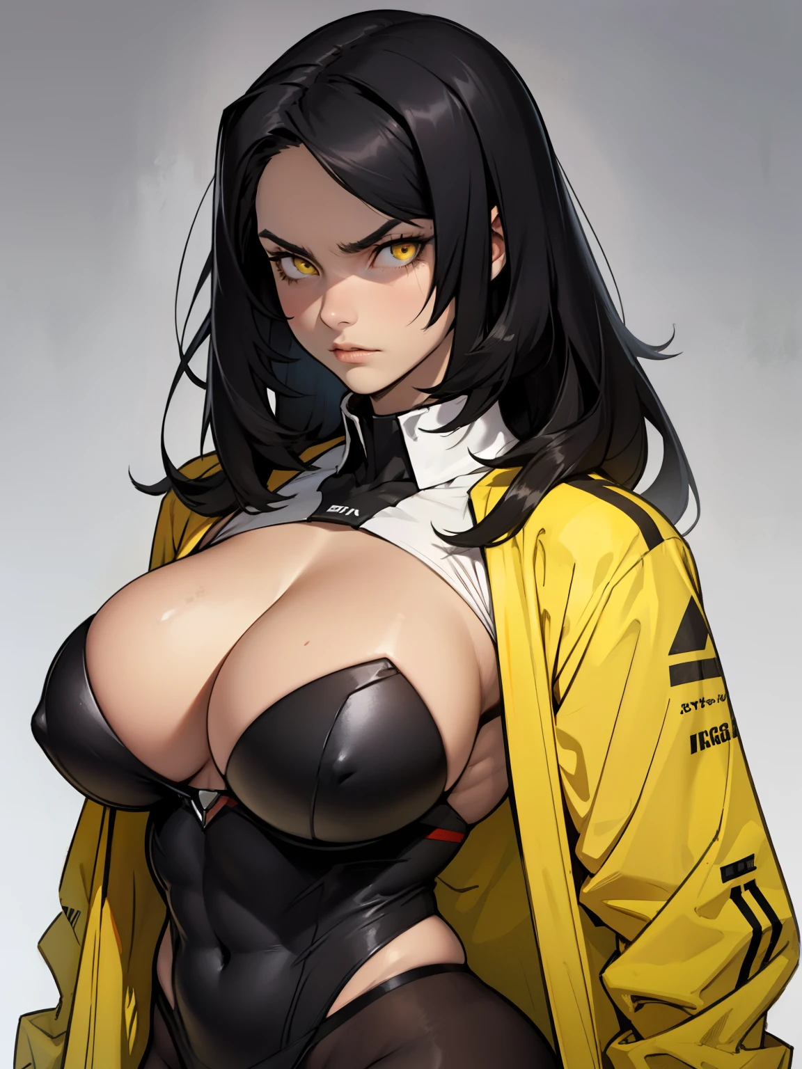 girl serious look muscular girl massive breasts black hair yellow eyes pale skin toned body