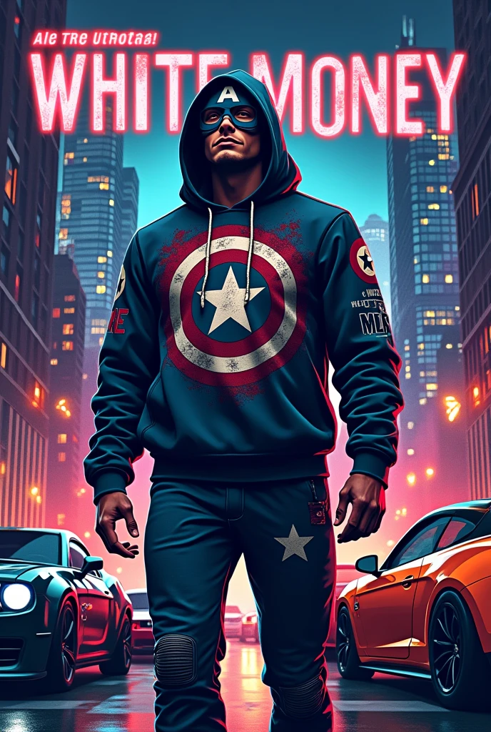 Design a modern, urban-themed poster for a streetwear clothing brand called 'White Money.' The poster should showcase key streetwear items such as hoodies, oversized t-shirts, and jackets, emphasizing bold and trendy designs. The clothing should feature intricate graphic elements like logos, text, and images that reflect urban culture, including cityscapes, money symbols, and stylized typography. The overall aesthetic should be edgy and vibrant, with a mix of dark and bright colors to create a visually striking contrast. Incorporate elements like a city skyline, luxury cars, and a modern, artistic vibe that appeals to a young, fashion-forward audience." With Marvel superheroes captain America wearing clothes white money 