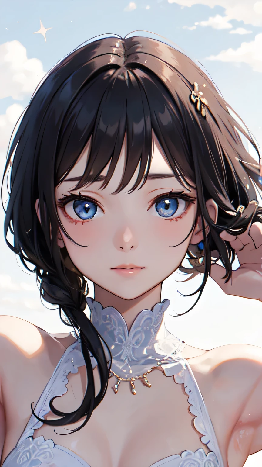 ((best quality)), ((masterpiece)), (detailed), 1girl,Almond Eye,blue eyes,Vows Under the Stars,Your dreams will come true, Overcoming any difficulties, Towards a new world,Close up of face