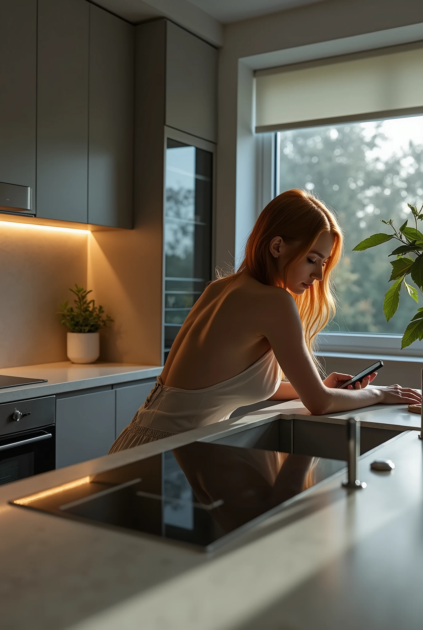 Sharp and vibrant photograph of a сексуальная рыжуха на кухне, sits on a chair at the table and looks at the phone. back view. Redhead with a nice ass and big breasts.
