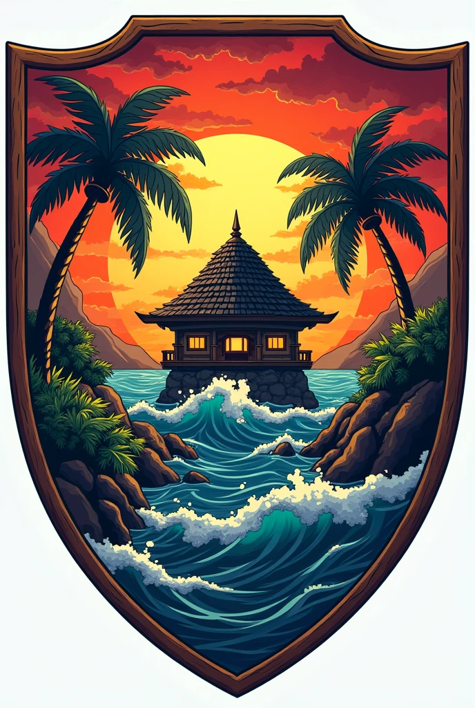 I want an emblem or shield for a World of Warcraft brotherhood. This shield has to have the name of the brotherhood, which is KAME HOUSE, at the top of the shield. Everything also has to be inspired by the Dragon Ball Z series. Master Roshi's house has to be in the center.