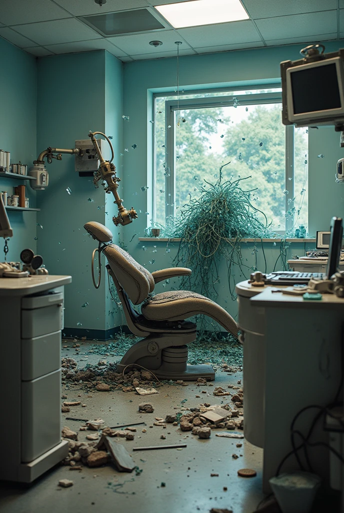 context: A dental office after a pressure vessel explosion.
enviroment:For the room Equipment: The pressure vessel is missing its side covers, completely unrecognizable due to destruction. Parts of the equipment are distorted and scattered.
Personagens:One Additional Details: broken panes of glass, pieces of metal and other debris are everywhere, contributing to the chaotic scenario.