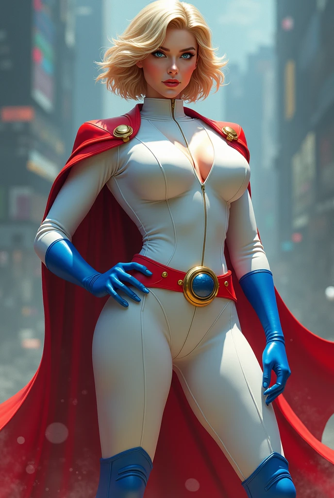 FULL BODY. A FEMALE WITH SHORT BLONDE HAIR, BLUE EYES WEARING A WHITE TURTLE NECK LEOTARD WITH LONG SLEEVES, LARGE ROUND CLEAVAGE CUT OUT HOLE ON CHEST, BLUE GLOVES, BLUE BOOTS, A RED BELT WITH A GOLD CIRCLE, A LONG RED CAPE ATTACHED WITH GOLD CLASPS. GIGANTIC BOOBS. ABSURD 8K RESOLUTION, DYNAMIC BACKGROUND.