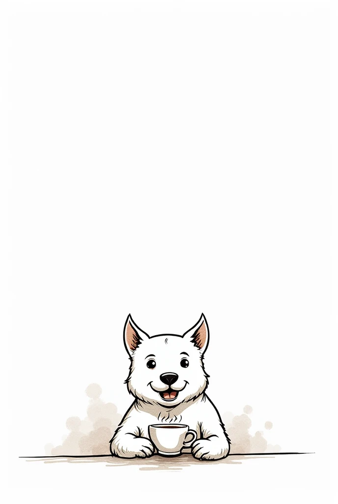 Cute happy pittbull dog with human body drinking coffee alone outlines line drawing