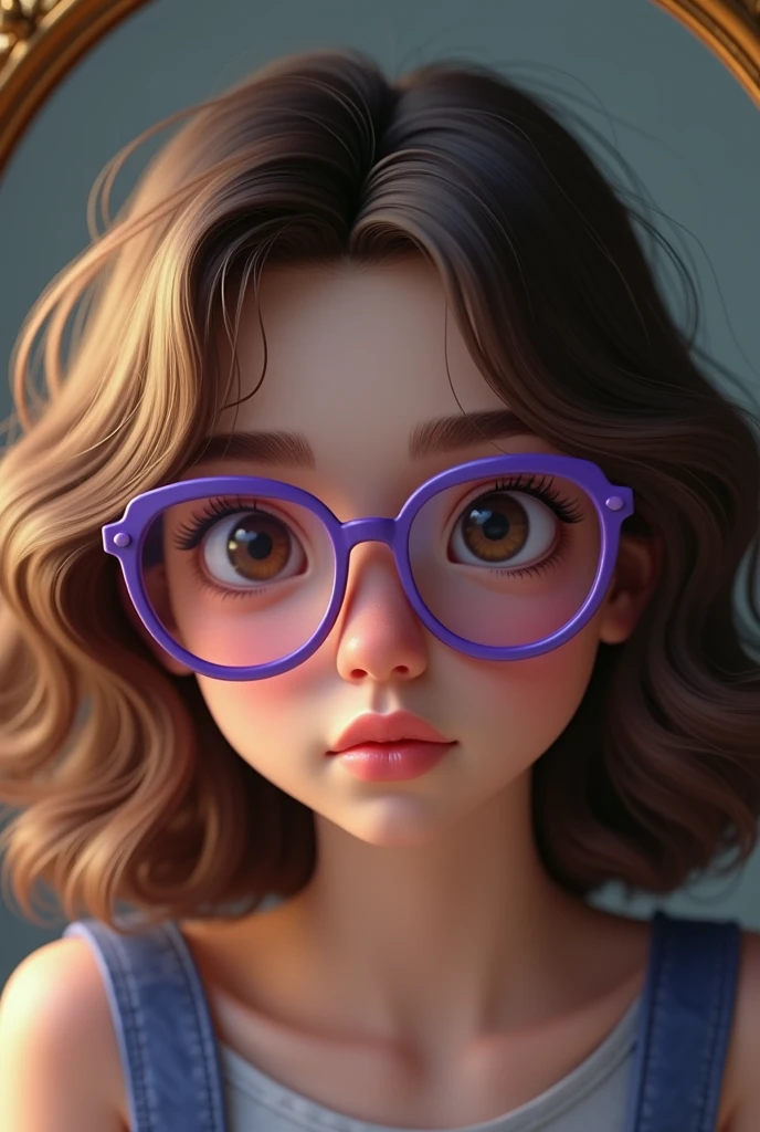 Teenager big wavy hair, half-slanted brown eyes, wearing purple glasses and taking picture in front of realistic mirror
