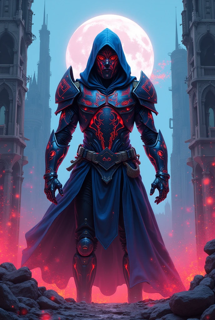 I want to create a cover for a book, will have as Title "The Talent of Souls" I want it to have a mix of styles with the Cyberpunk style, and the medieval style, I also want it to be colored brightly and have the image of destruction or war in the background.
