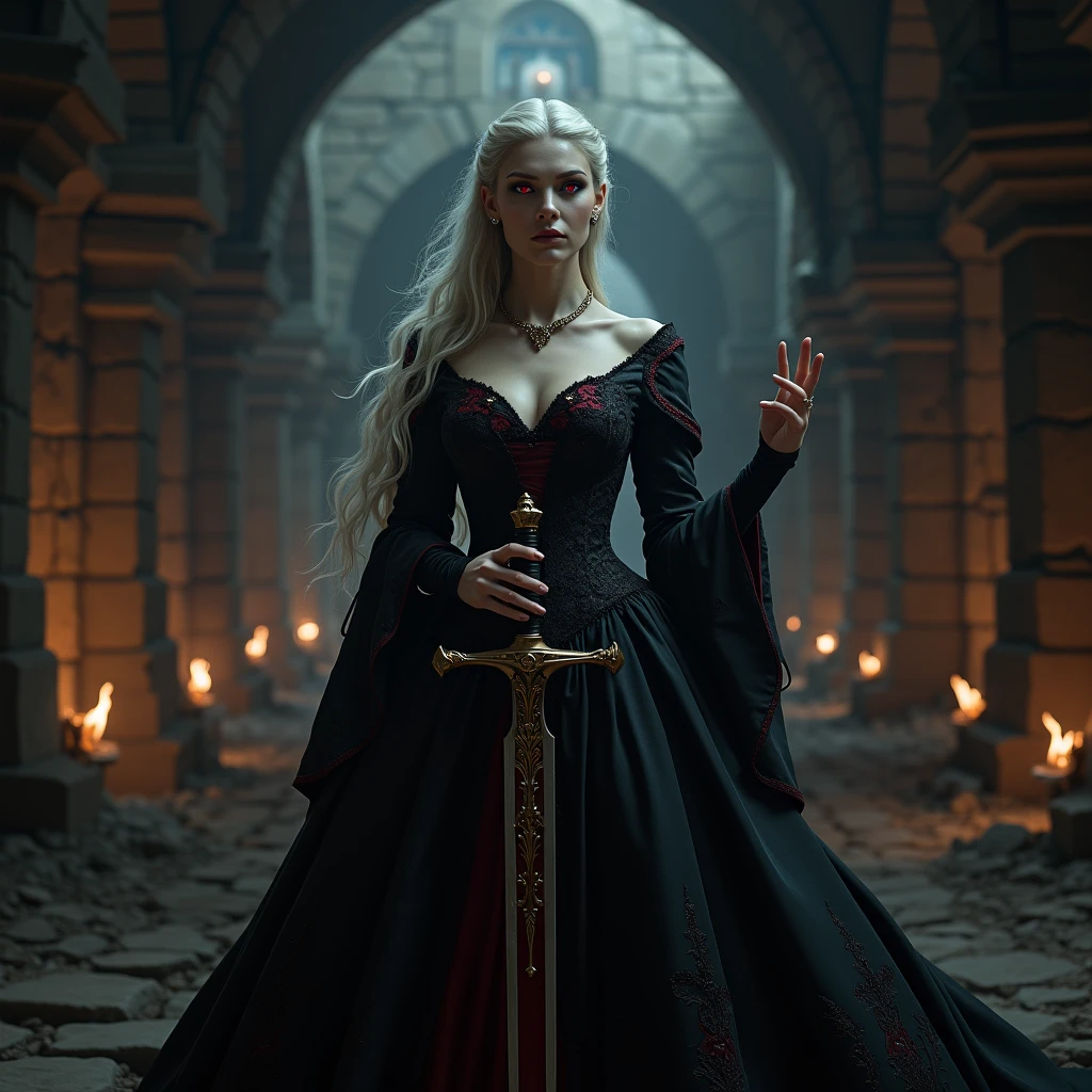 A female vampire princess grabs the tip of a sword aimed at her neck with her fingers and stops it.、Dungeons&Dragons