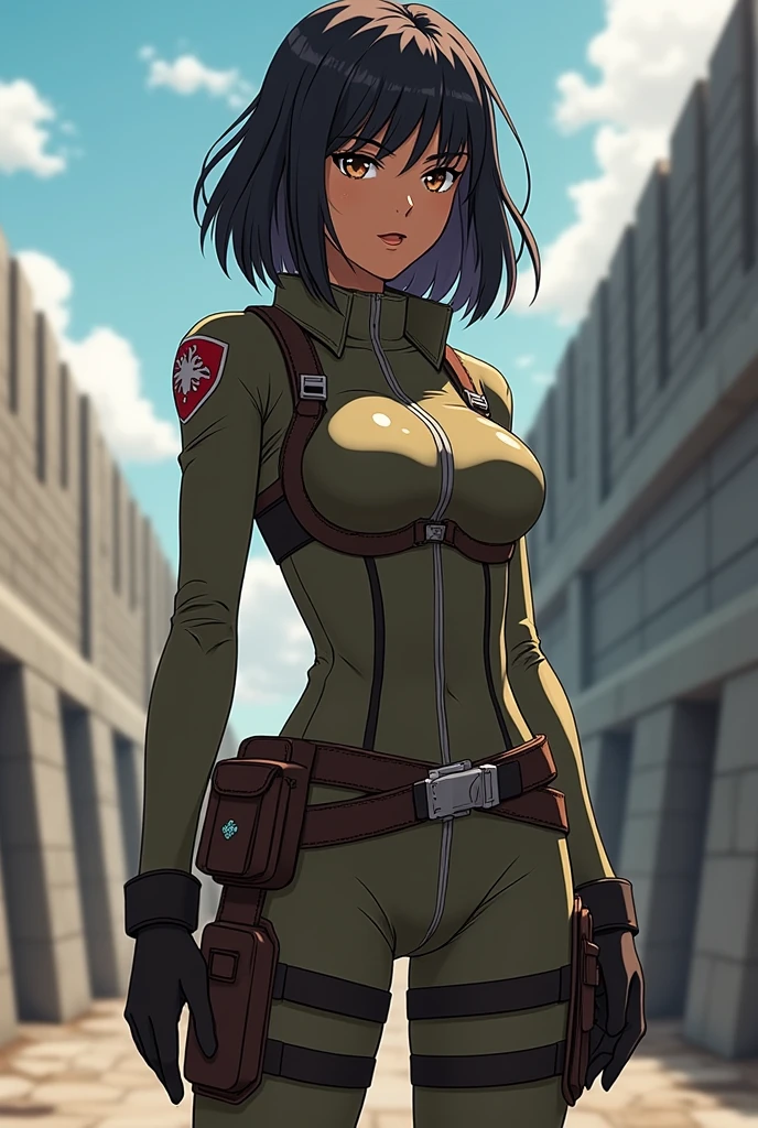 Create an image of an ideal woman for Levi Ackerman from 'Shingeki no Kyojin', taking into account their physical characteristics and personality. Women should be athletic, active and independent, like Levi. Your height should be approximately 1,60 m, with dark skin and short or shoulder-length hair, Wavy. Your face should be delicate, with hazel eyes.
For the outfit, uses exactly the uniform of squad 104 from the anime shingeki no kyojin, like Levi. Create a detailed and anime-like image, in the style of MAPPA in the anime 'Shingeki no Kyojin'.
