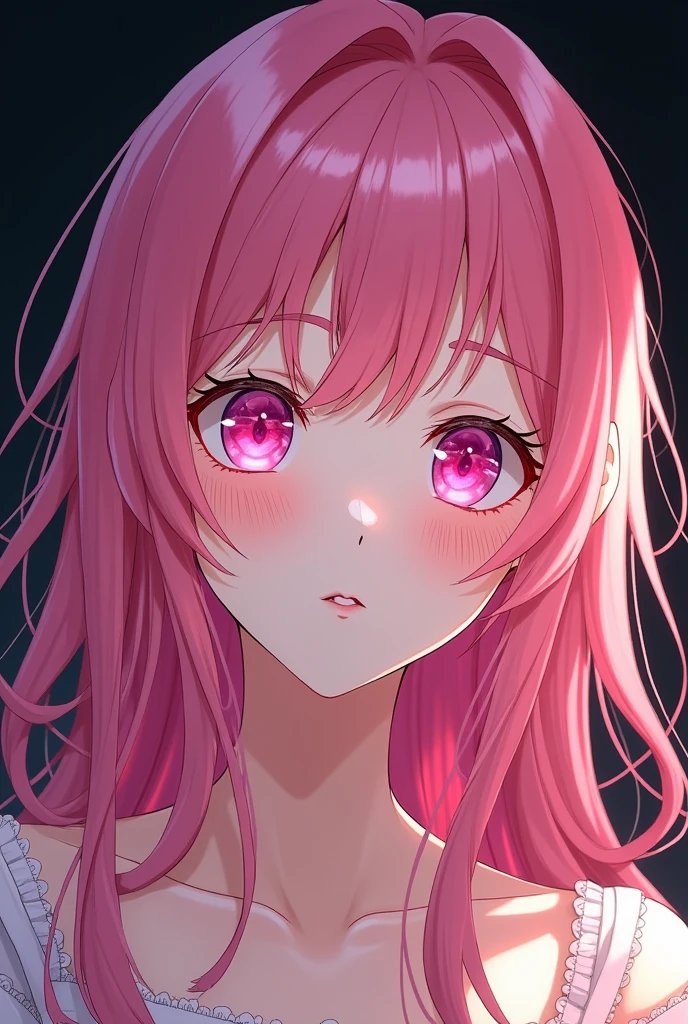 An anime girl with pink hair and bright pink eyes, Black background