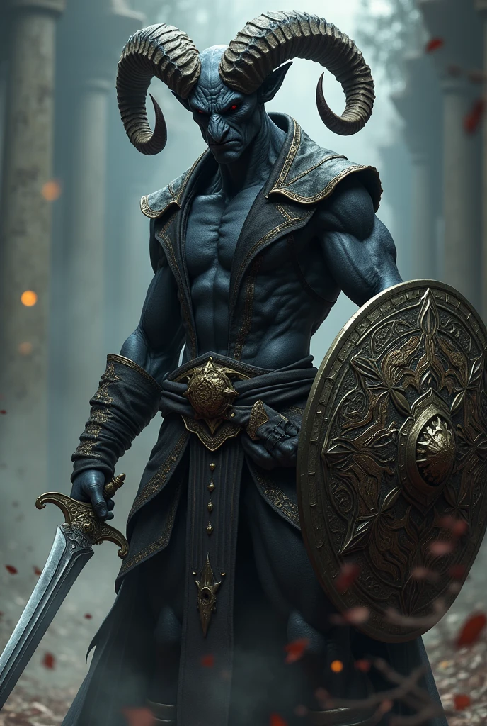 Tiefling male with very tightly-curled and tightly-wound, rams horns and charcoal-black skin. You can see his chest due to his dark-colored, button-less, sleeveless, gold-trimmed jacket and black trousers. He’s in a combative stance, bracing to draw an intricately engraved, curved sword from the scabbard on his left hip. He also has a purple, glowing, shadowy shield in his left hand and a book holster on his other hip carrying a black, malevolent tome.