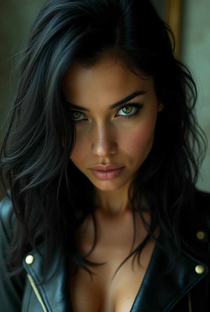photograph of a woman, Beautiful facial expression, textured leather, goosebumps, black hair, hair does not cover the face, highly detailed face, perfect greenish eyes, dressed in a tight leather jacket and a short skirt, looks straight into the center, looks straight into the camera, sharp focus on an object, high definition and realistic photos.