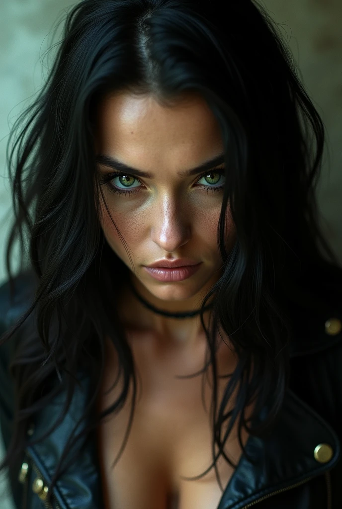 photograph of a woman, Beautiful facial expression, textured leather, goosebumps, black hair, hair does not cover the face, highly detailed face, perfect greenish eyes, dressed in a tight leather jacket and a short skirt, looks straight into the center,  looks straight into the camera, sharp focus on an object, high definition and realistic photos. 
