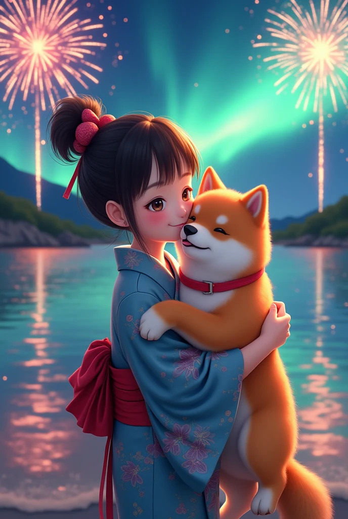 Girl hugging Shiba Inu and kissing、beautiful aurora ,Happy,fireworks,seaside,Real beauty and sweetness,Japanese,kimono,dress