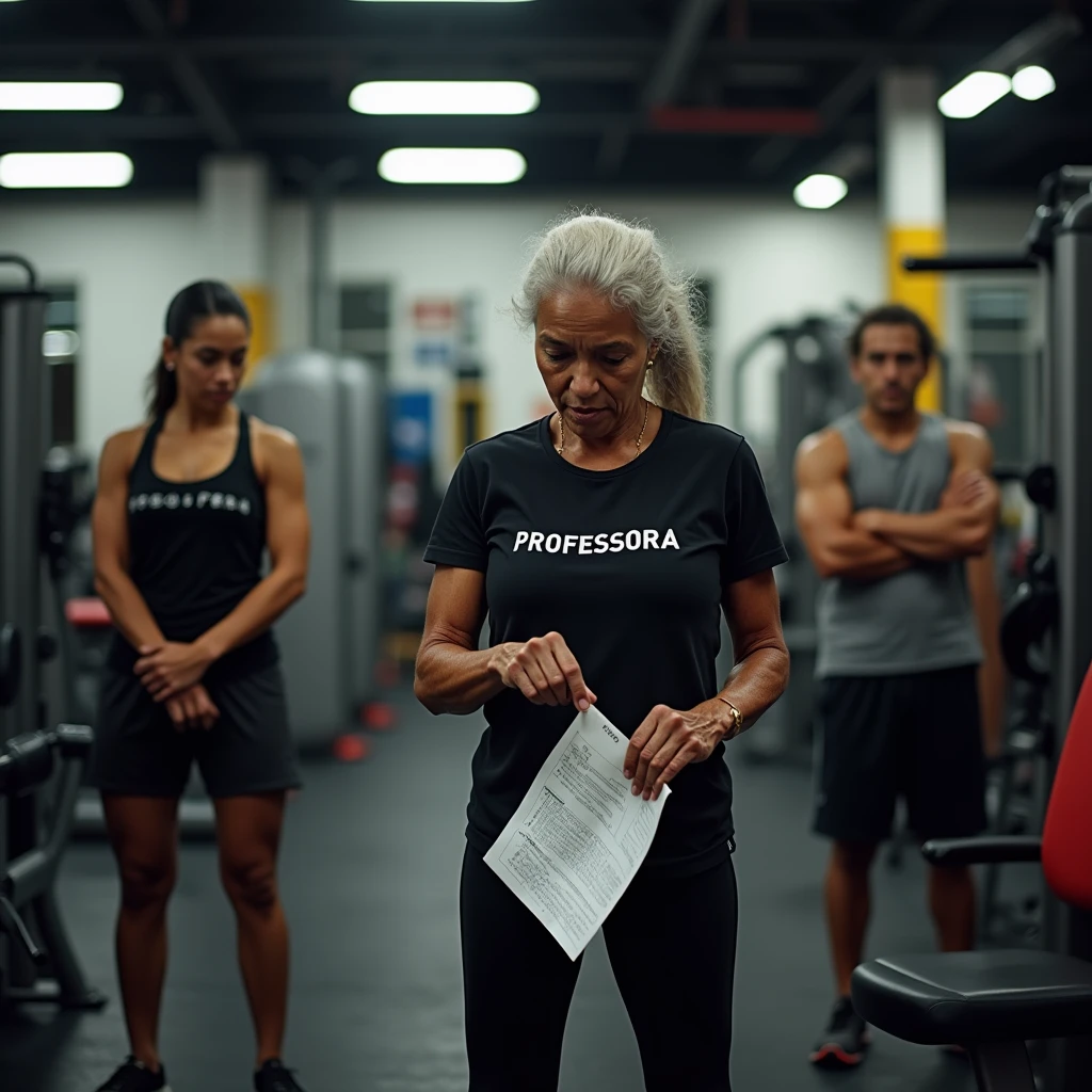 “Inside a bustling gym predominantly filled with women, the scene unfolds with various weight machines and exercise equipment in the background. In the foreground stands an elderly Brazilian woman, 6, holding a workout sheet in her hand. She looks visibly upset, with a deep sense of abandonment, as she struggles to understand how to perform her exercises. Despite her obvious need for assistance, she is completely ignored, as the young gym instructor—a 24-year-old Black woman wearing a black t-shirt with ‘PROFESSORA’ boldly written in uppercase letters—is preoccupied. The instructor is furious and overwhelmed, surrounded by three female students, each demanding her attention and assistance. Due to the lack of additional staff, the instructor is overburdened and unable to help the elderly woman, leaving her feeling neglected and alone. The entire scene is set in a weight training gym with high-quality exercise machines, catering mainly to women.
The image should be captured with ultra-realistic quality using a Canon EOS R5 camera paired with an RF 50mm f/1.2L lens, known for its sharpness and depth of field. Lighting should be enhanced with a PolarPro QuartzLine ND filter for smooth contrast and balanced exposure. To achieve a warm, natural look, employ a Tiffen Glimmerglass filter, softening the harshness of the scene while maintaining detail. The final image should convey the intense emotions of frustration and neglect, with the elderly woman feeling abandoned amidst the chaos.”