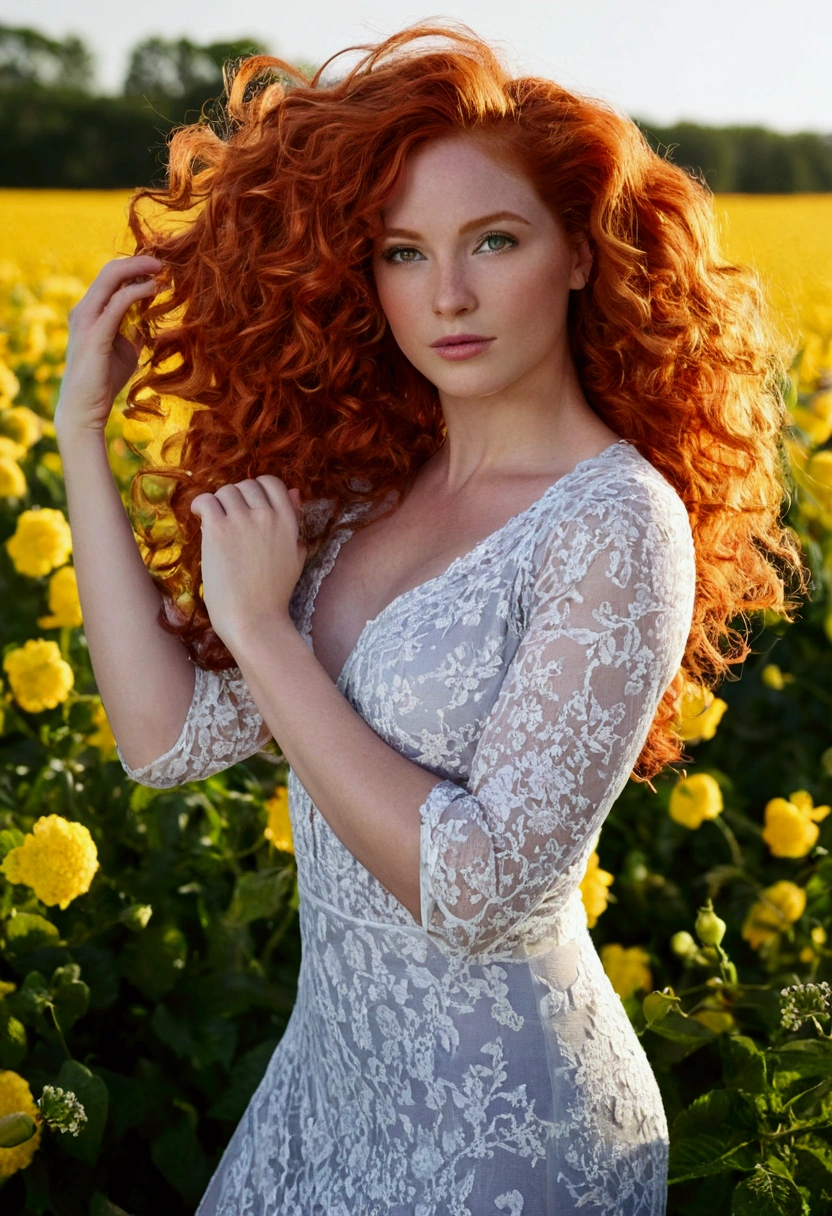 Create an image of a stunning 23-year-old European woman with fiery, curly red hair that cascades down in voluminous waves, adding a touch of wild elegance to her appearance. Her large, expressive light gray eyes are the focal point of her face, radiating a blend of tenderness and seduction, drawing viewers in with their depth and charm. Her skin has a fair, slightly sun-kissed glow, complementing her vibrant hair. She has a fit, healthy body with toned muscles, and her figure is curvaceous, featuring a large, firm bust, wide, shapely hips, and round, firm glutes that highlight her athleticism and femininity. She is standing in the middle of a vast field of damask flowers, with her arms fully extended to the sides and her face turned upward toward the sky. Her eyes are closed, and her expression is peaceful and content, as if she is embracing the beauty of nature around her. The flowers stretch out in every direction, their soft colors creating a serene and picturesque backdrop. The sunlight gently illuminates the scene, casting a warm glow over the field and highlighting the woman’s graceful pose. The overall atmosphere is one of tranquility and connection with the natural world.