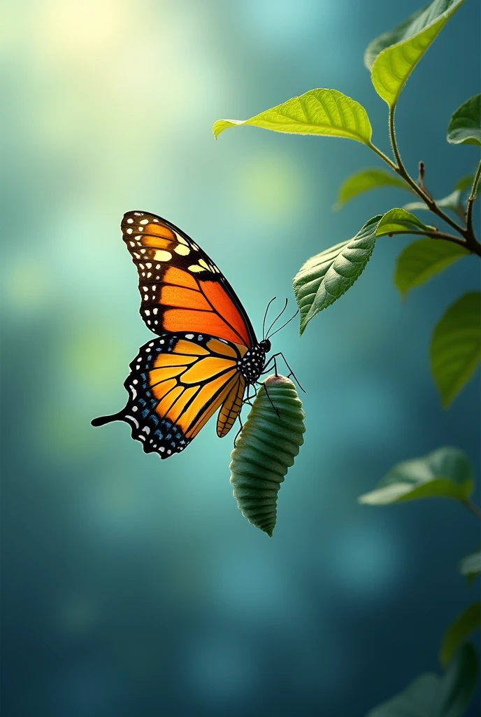 "Create an inspiring image showing a vibrant butterfly emerging from its cocoon. The background should be soft and ethereal, with shades of blue and green, symbolizing transformation and renewal. The butterfly should be detailed and colorful, representing metamorphosis and personal growth, without words, just the image."