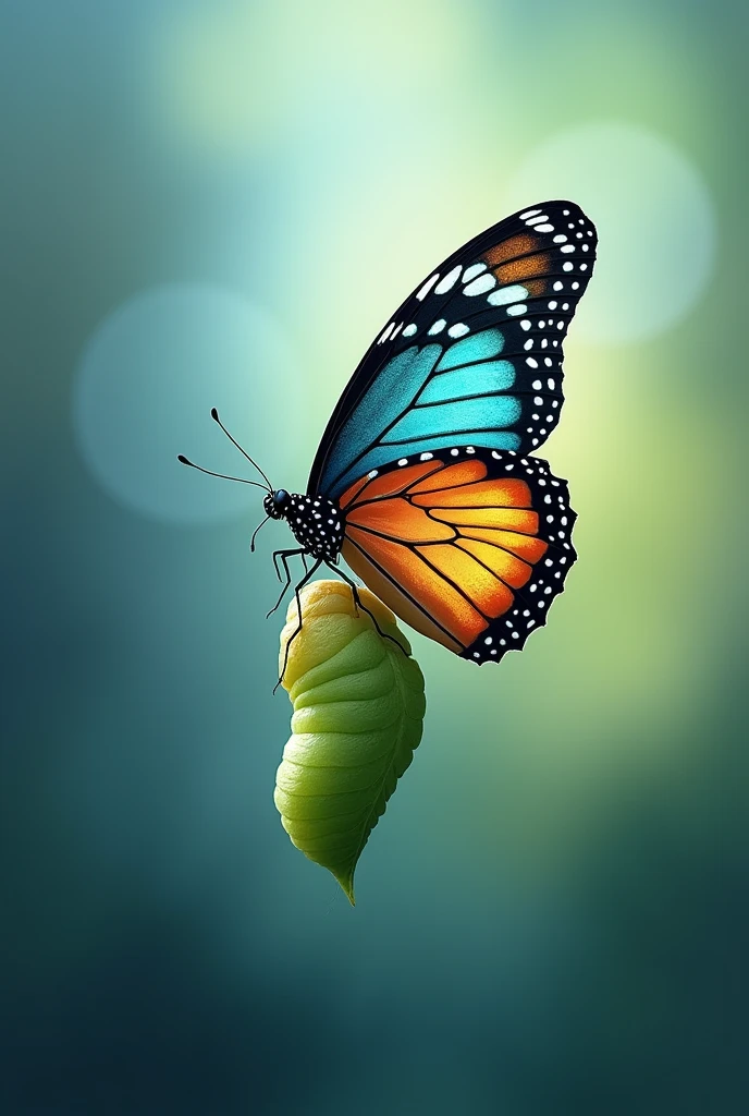 

"Create an inspiring image showing a vibrant butterfly emerging from its cocoon. The background should be soft and ethereal, with shades of blue and green, symbolizing transformation and renewal. The butterfly should be detailed and colorful, representing metamorphosis and personal growth, without words, just the image."