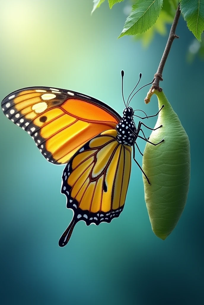 

"Create an inspiring image showing a vibrant butterfly emerging from its cocoon. The background should be soft and ethereal, with shades of blue and green, symbolizing transformation and renewal. The butterfly should be detailed and colorful, representing metamorphosis and personal growth, without words, just the image."