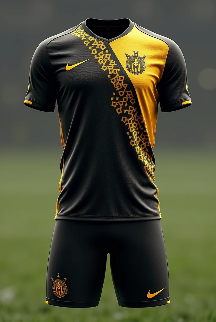 Create a soccer uniform , that it be black and gold and have pentagons in the design