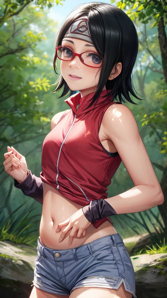 Character Sarada Uchiha a girl, perfect face perfect eyes perfect smile. Wearing a sleeveless shirt that reaches her belly button and short shorts , hands up you can see his armpits, High resolution 8K masterpiece covered in a lot of sweat hot day scenery in a forest medium breasts without a bra a lot of sweat on her body , cubierta de mucho sudor ropa mojada por sudor , pelo suelto corto , ojos perfecto no lleva sostén pezones.