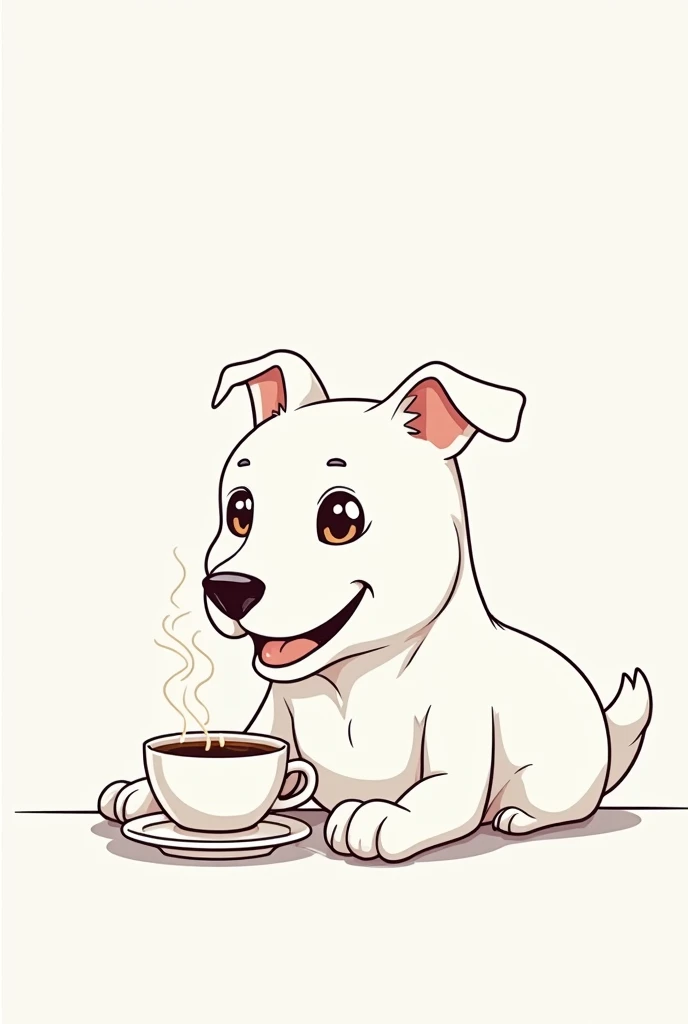 Cute happy pitt bull dog with human body drinking coffee alone outlines line drawing