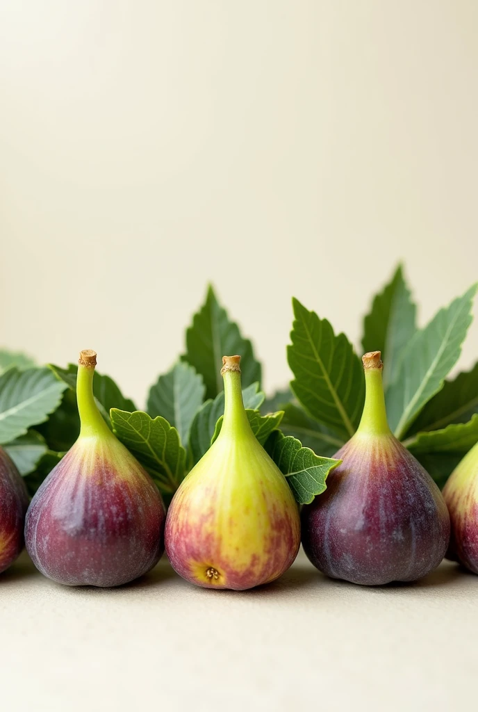drawing of fresh figs with leaves, scattered, Side by side, image in horizontal format perspective from front view and that can be used as png format