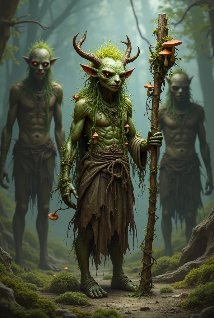 A realistic style image of a circle of spores druid, do jogo dungeon and dragons,   green goblin, he is thin and very short, has 1,30 tall, he has spores and various mushrooms growing on his clothes, and has skin with several mushrooms and spores,  he has a wooden staff that has vines and mushrooms, and squirrel bones on the tip, next there are 3 decaying zombies with 1,80 tall , with realistic details and dramatic lighting to emphasize the character&#39;s mysterious atmosphere.