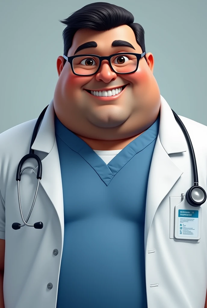 Doctor in scrub with glasses . Face chubby but handsome. Skin tone brown